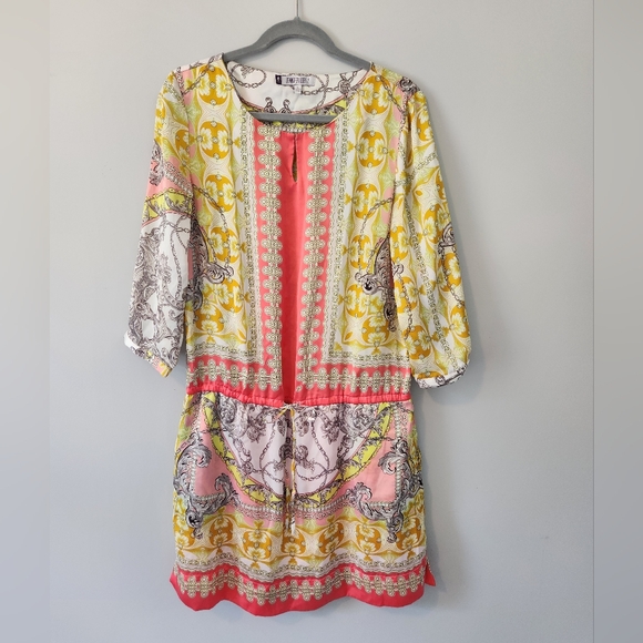 Jennifer Lopez Colorful Print Silky 3/4 Sleeves Summer Fashion Dress sz L - Picture 3 of 13